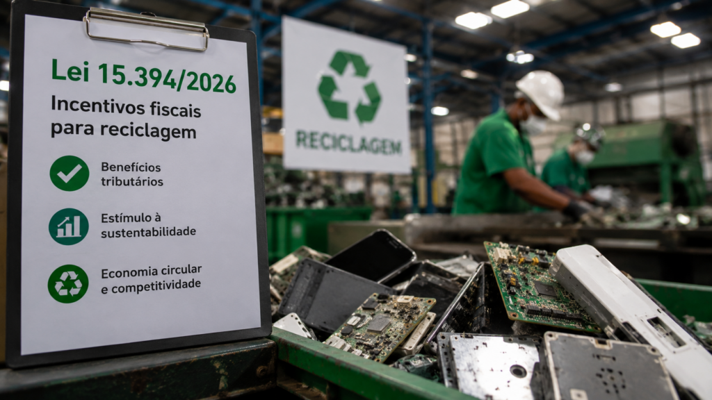 Entenda o que é a Lei 15.394/2026, sancionada em abril de 2026, e como os novos incentivos fiscais de PIS/Cofins para reciclagem impactam empresas que descartam eletroeletrônicos.